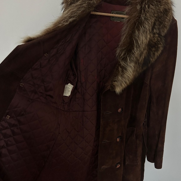 Vintage Long Brown Suede Fur collar Trench Coat - Picture 4 of 6